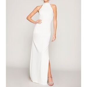 Badgley Mischka White Halter Crepe Side Slit Gown